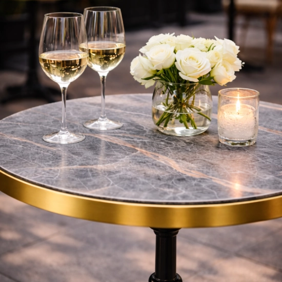Plateau de table Ø60 cm en pierre frittée décor marbre